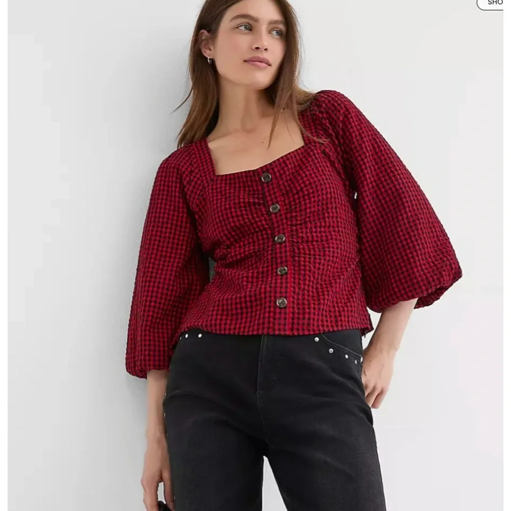 LOFT Women 6 Red Black Gingham Square Neck Puff Sleeve Button Front Top Academic